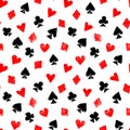 Playing cards different suits - hearts, diamonds, spades and clubs - grunge seamless pattern, vector Royalty Free Stock Photo