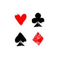 Playing cards different suits - hearts, diamonds, spades and clubs - grunge sponge prints, vector