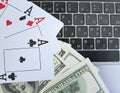 Playing cards, dollars background, keyboard, Royalty Free Stock Photo