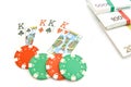 Playing cards, euros and chips on white Royalty Free Stock Photo
