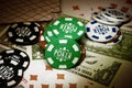 Playing cards, gambling chips and dollars Royalty Free Stock Photo