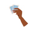 Playing cards in hand flat illustration. Texas holdem game. Poker black-skinned player. Vector illustration for gambling