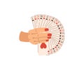 Playing cards in hands flat illustration. Card tricks. Croupier in casino. Vector illustration for gambling industry