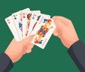 Playing cards in hands. Man holding casino poker gaming cards with lucky symbols exact vector cartoon template Royalty Free Stock Photo