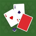 Playing cards, hearts of hearts and spades aces, dice on background Royalty Free Stock Photo