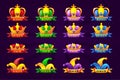 Playing cards icons with crown and ribbon. Poker symbols for casino and GUI graphic. King, queen, jack, ace and joker. Royalty Free Stock Photo