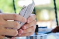 Playing cards in men`s hands, gambling, playing cards Royalty Free Stock Photo