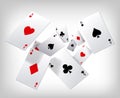 Playing cards. Poker aces flying on gray background. Poster template. Royalty Free Stock Photo