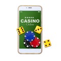 Playing cards, poker chips, and dice, on the smartphone screen. Isolated on a white background. Online casino concept Royalty Free Stock Photo