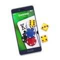 Playing cards, poker chips, and dice, on the smartphone screen. Isolated on a white background. Online casino concept Royalty Free Stock Photo