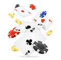 Playing Cards and Poker Chips Fly. Vector Royalty Free Stock Photo
