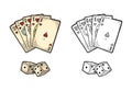 Playing cards poker and two white dice. Vintage engraving Royalty Free Stock Photo