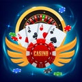 Playing cards, roulette wheel and poker chips fly casino Royalty Free Stock Photo