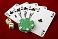 Playing cards (Royal flush), casino chips and dices Royalty Free Stock Photo
