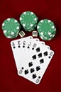 Playing cards (Royal flush), casino chips and dices Royalty Free Stock Photo