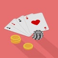 Playing cards suit hearts with chips laying nearby on a pink background. Vector illustration. Close-up. Gambling