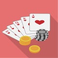 Playing cards suit hearts with chips laying nearby on a pink background. Vector illustration. Close-up. Gambling Royalty Free Stock Photo