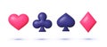 Playing cards symbols 3d on white background. Poker heart ace spade, diamond casino card symbol. Vector illustration