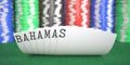 A hand of playing cards with Bahamas text. 3d rendering