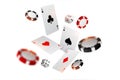 Playing casino card chips and dice flying background Royalty Free Stock Photo