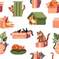 Playing cat pattern. Seamless print of cartoon playful kitten characters, feline pets walking and playing, endless