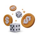 Playing dice, coins with dollar sign, gold stars. Vector realistic combination on white background