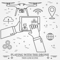 Playing with the drone, copter. Remote Control with Mobile Phon Royalty Free Stock Photo