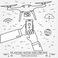Playing with the drone, copter. Remote Control with Mobile Phon Royalty Free Stock Photo