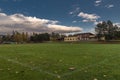 Playing field with green grass in autumn color evening in Bludov CZ 11 04 2023