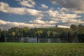 Playing field with green grass in autumn color evening in Bludov CZ 11 04 2023