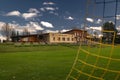 Playing field with green grass in autumn color evening in Bludov CZ 11 04 2023