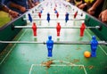 Playing, foosball and people outdoor with table, game or closeup on competition with ping pong ball. Soccer, board and Royalty Free Stock Photo