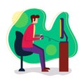 Young man playing console games vector illustration in flat style