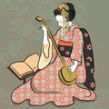 Playing Geisha ancient Japan classical Japanese woman ancient style of drawing. Beautiful japanese geisha girl. Royalty Free Stock Photo