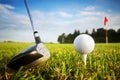 Playing golf. Club and ball on tee Royalty Free Stock Photo