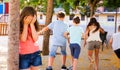 Playing hide and seek. Girl covering eyes her hands Royalty Free Stock Photo