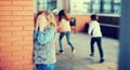 Playing hide and seek. Girl covering eyes her hands standing Royalty Free Stock Photo