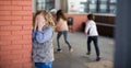 Playing hide and seek. Girl covering eyes her hands standing Royalty Free Stock Photo