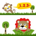 Playing hide and seek in jungle with monkey and lion, vector cartoon illustration