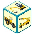 Playing isometric dice with machinery, truck, excavator, toy. Royalty Free Stock Photo