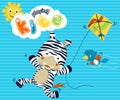 Playing kite with funny zebra cartoon Royalty Free Stock Photo