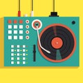 Playing mixing music on vinyl turntable. Vector flat illustration