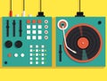 Playing mixing music on vinyl turntable. Vector flat illustration