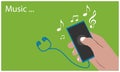 Playing music with hand held smartphone on the green background. Flat vector illustration. Royalty Free Stock Photo