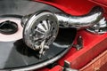 Playing an old retro gramophone with an old vinyl record from the USSR Royalty Free Stock Photo