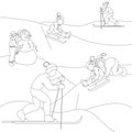 Playing outdoor. Children sledding. Boys skiing. Girl making the snowman. Coloring page