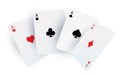 Playing poker cards. Realistic fan of aces. Square white cardboards. Black and red suit signs. Equipment for casino