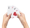 playing poker Deck of Ace High Royal Flush Cards in pretty women hand isolated on white background. Royalty Free Stock Photo