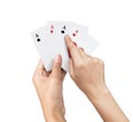playing poker Deck of Ace High Royal Flush Cards in pretty women hand isolated on white background. Royalty Free Stock Photo