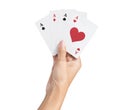 playing poker Deck of Ace High Royal Flush Cards in pretty women hand isolated on white background. Royalty Free Stock Photo